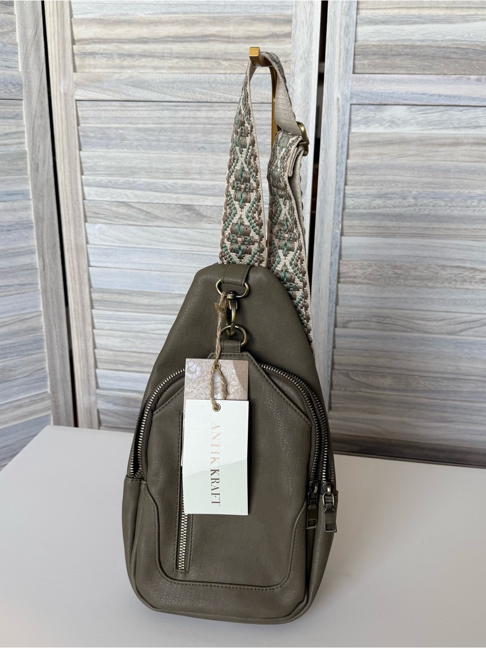 Antik Kraft Olive Green Leather Crossbody Sling with Patterned Strap - NWT
